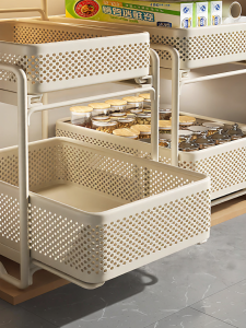 B&W | Double Layer Sliding Spice Organizer for Deep Narrow Kitchen Cabinet