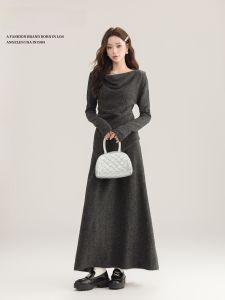 RUXU Spring Autumn Womens Pure Color Long Sleeve Neckless Asymmetrical Top with Matching Skirt Two-Piece Set Fashionable Ensemble