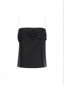 Peek-Shoulder Halter Top with 3D Camellia and Black-White Patchwork Summer New Style