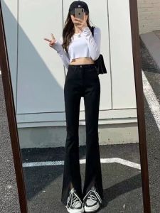 High Waist Black Denim Jeans Womens Spring Autumn New Style Slimming Elastic Micro Flared Long Pants Cotton Stretch Denim