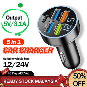 5 In 1 Smart Chargers QC3.0+PD Fast Charging 4 USB Port Digital Display Car Charger 12V 24V Auto Phone Charging Converter