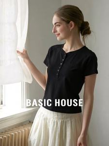 Basic House | Slim Fit Henley Collar Summer Tee Cotton Black