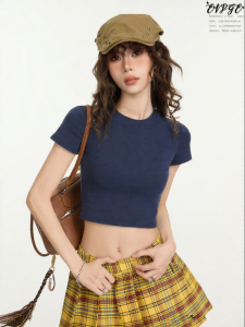 EVPGB | Fitted Slim Cropped Navy Blue Womens Short Sleeve T-Shirt