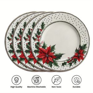 VIKAMA 4PC Christmas Poinsettia Placemat Red Green Holly Berry Dining Table Restaurant Christmas Party Decoration