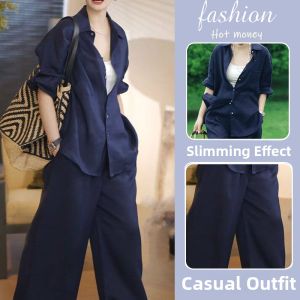 LIANGYILAILIN | Minimal Style Blue Linen Shirt and Pants Set