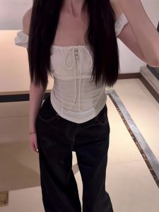 VKSOD | Korean Style Sweet White One Shoulder T-Shirt Womens Summer Loose Slimming Black Wide Leg Pants Two Piece Set