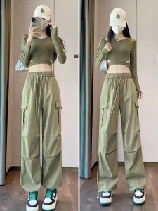 Trendy Korean Workwear Pants Loose Casual Womens Versatile Baggy Summer New Arrival Long Trousers High Waist Polyester Fiber