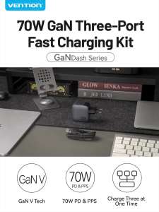 Vention® เครื่องชาร์จ GaN 70W ปลั๊ก EU 3 พอร์ต USB C USB-C USB A (70W/70W/22.5W) PD รวดเร็ว PPS ทนทาน ไนลอนถัก พร้อมสายเคเบิล USB-C ถึง C 100W ยาว 1 ม.