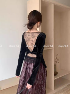 Áo Sơ Mi Nhung Cổ Tròn Dài Tay Cổ Điển Thanh Lịch Dành Cho Nữ Mùa Xuân Thu Vá Lưới Ren Khoét Lưng Nối Dài Bằng Nhung