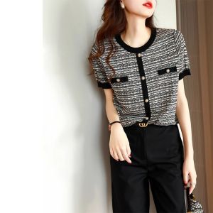 WANGGONGZHU | Fashionable Ice Silk Knitted Top Womens Short Sleeve Overhead Style Summer Slimming Trendy Versatile Princess Style Commute Wind