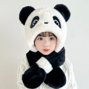 Kids Hat Scarf Integrated Cute Super Cute Fleece-lined Panda Two-piece Set Baby Earmuffs Hat Thickened Plush Bonnet Winter