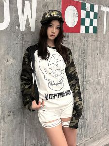American Street Style Camouflage Print Long Sleeve T-Shirt Womens Base Layer Shirt Casual Loose Fit Top for Autumn