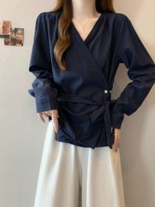 Elegant plus Size Womens Long Sleeve Shirt V-Neck Slim Fit Blue Korean Style Office Wear Casual Fashion Autumn New Arrival