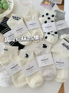 White Womens Mid-Calf Socks Thin Cotton Summer Style Korean Japanese INS Trendy Striped Polka Dot Sports Short Socks