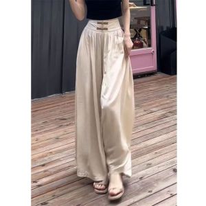LUCKIN STORE Womens Cotton and Linen Long Pants with Plate Buckle High Waist Long Drop Wide Leg Skirt Pants for Women in Spring and Summer Chinese Loose and Slimming Casual Pants Individually Unique
