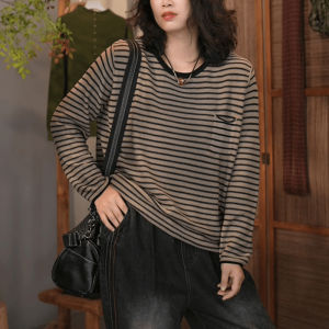 Casual Loose Long Sleeve Knitted Shirt round Neck Base Layer Top Mom Striped Pocket Autumn New Style Korean System Belly Covering Shirt