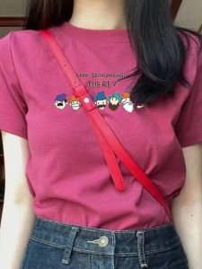 QIANSHUIYIYUN | Versatile Fitted T-Shirt Cartoon Print Pitaya Color