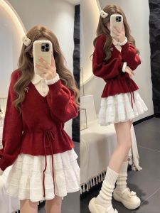 XUECAIQI | Petite Holiday Knitwear Skirt Set Red