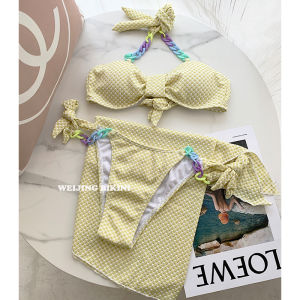 2024 New Womens Bikini Set Yellow Swimwear with Colorful Chain Butterfly Knots Four-Piece Hot Spring Swimsuit Triangle Style