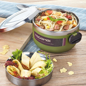 Tedemi Korean Style Large Capacity Portable Stainless Steel Box round Shape 304 Steel Bento Box Two Layers Student Lunch Box