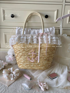Lala Land Original Design Large Capacity Lace Sailor Style Straw Woven Tote Bag Casual Shoulder Handbag Pure Color Bucket Shape