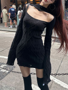 Black Hollow out Sweater Dress Slim Fit Knitted Wrap around Mini Skirt High Waist Design Half High Collar Spicy Girl Style