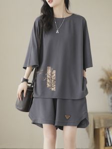 Summer Casual Sporty Womens Short Sleeve Two-Piece Set Street Style Loose Fit Vintage Fashion plus Size Cotton Blend