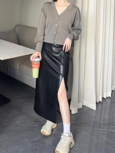 กระโปรงหนัง PU ทรงเอเอวสูง ทรงสลิมฟิต ยาวคลุมเข่า สำหรับผู้หญิง กระโปรงสั้นสไตล์เกาหลี ทรงเข้ารูป