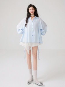 KEIKO | Áo Dài Tay Chống Nắng Màu Xanh Hiệu Ứng Sương Mờ Đính Nơ Ruy Băng Form Rộng