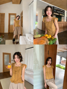 NIHAOKANONG | Áo Sơ Mi Dáng Eo Cao Thêu Hoa Cổ Vuông Tay Ngắn Dây Kéo