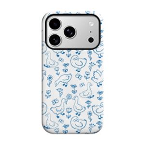 Cute Blue Duck And Flower Doodle Phone Case for iPhone 17 16 15 14 Pro Max Plus Mini iPhone Air 2-in-1 Dual-Layer PC TPU Cover