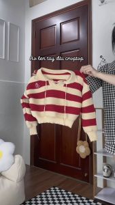 💥[A096] Áo len thun nữ Montoghi dệt kim POLO kẻ sọc retro có DÂY RÚT CỔ và LOGO HOA năng động - L2M