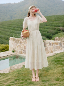 XIANGYING | White Heavily Embroidered French Style Belted Maxi Dress