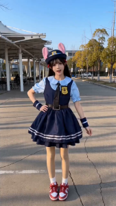  Zootopia Judy Hopps Cosplay Costume For kids girl Cute Blue Dress Cartoon Character  Judy Hat Headband Halloween Costume Police Officer Costume kids Summer Skirt