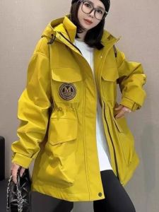 Spring New Womens Hooded Parka Jacket Slimming Waist Pure Color Mid-Length Outerwear Casual Commute Style Loose Fit Zipper