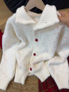 QINGNAER | Sweet Casual Dotted White Collar Knit Cardigan