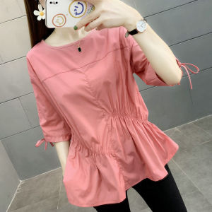 Counter Brand Label Cutting Original Order Pure Cotton Slimming Middle Sleeve Shirt Womens Summer Loose Drawstring Asymmetrical Waist-Controlled Top Fashion
