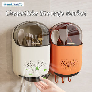 JustLiving Kitchen Utensil Holder Wall-mounted Divided Chopstick Holder Punching-free Space-saving Storage Organizer Multi-use Org Wall Mount Utensil Rack Detachable Organizer with Dustproof Cover