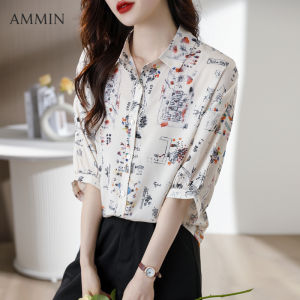 Ammin phong cách Hàn Quốc Ve Áo Cá Tính hình vẽ người que ngắn tay in họa tiết trí tuệ áo cánh Vải Voan Nữ phiên bản Hàn Quốc chia kẻ sọc Một hàng khuy năm điểm tay áo đi lại Áo Blouse thanh lịch