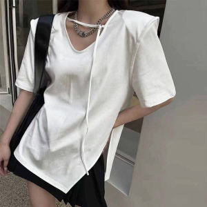 White V-neck Short-Sleeved T-shirt for Women Pure Cotton Summer Stylish Niche Style Side Slit Easiest for Match Casual Padded Shoulder Tops Women