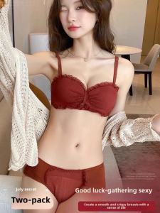 Red Lace Bra Set for Women Wedding Bride Gather Small Chest Appear Large Prevent Sagging Removeable Strap Sweet Style Four Seasons