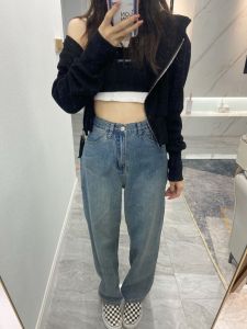 Veee Early Autumn American Retro Blue Jeans Womens Long Straight Lazy Loose Fit High Waist Denim Pants Spring Fashion Trend