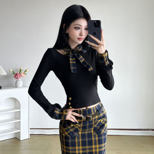 American College Style Yellow Plaid Splicing round Neck Bell Sleeve T Shirt High Waist Pocket Slim Fit Long Skirt Womens Fashion Streetwear Polyester Long Sleeve Short Length round Neck T Shirt