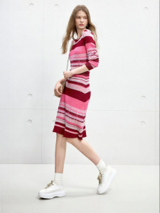 Juicy Couture | Color-Blocking Stripes Slim-Fit Waist-Cinching Knit Slimming Dress