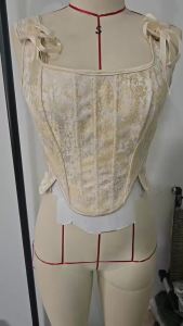 Womens Gold Jacquard Brocade Corset Bow Tie Wide Straps Square Neck Back Lace Up Vintage Court Style Bustier Top