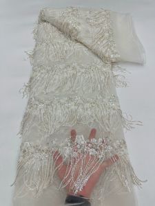 White African Heavy Beads fringe Lace FabricNigerian Sequins tassels Embroideryunique Wedding Party Dress Sewing Lace