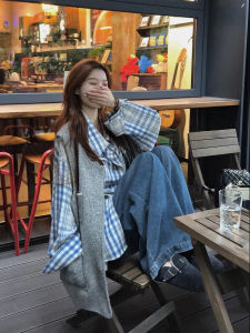 XUECAIQI | Autumn Plaid Shirt Vest and Jeans Set