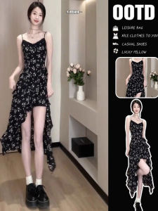 Elegant Black Floral Print Halter Dress Womens Summer 2025 New Beach Vacation Style Long Dress Womens Fashion Polyester Material