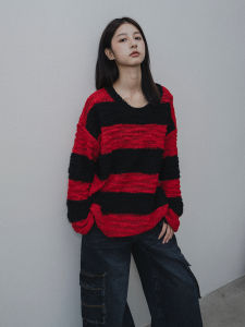 Laid-back Style Striped Loose Womens Sweater Color Block Design Autumn Winter Polyester Fiber Long Sleeve round Neck Top