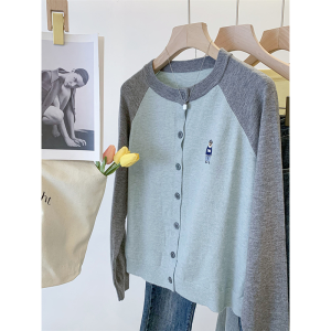 Fresh Style Color Block Shoulder Sleeve Knitted Cardigan Womens Outerwear Casual Bear Embroidery Lightweight Spring Cardigan
